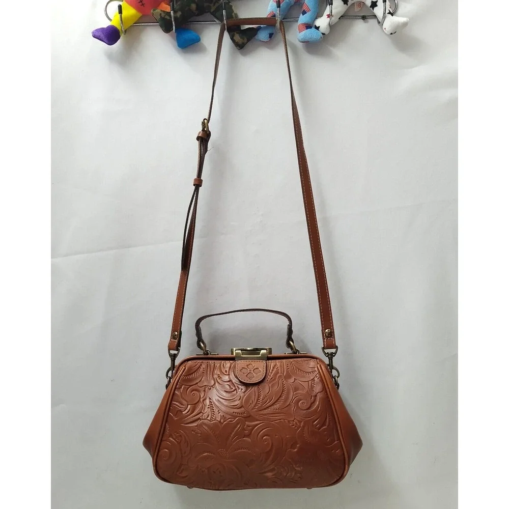 Patricia Nash Brown Leather Floral Pushlock Framed Closure Satchel Crossbody Bag